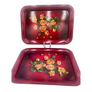 Vintage Floral Metal Serving Trays Set Of 2 Rose Design Boho Chic Burgundy